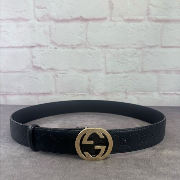Authentic Gucci Guccissima Embossed Black Leather Gg Marmont Belt 370543 85/34